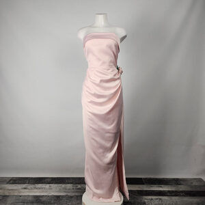 Unique Vintage Women's Barbie Pink Satin Strapless Enchanted Gown Size 10-12